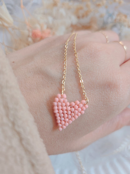 Pink Bead Heart Gold Chain Necklace