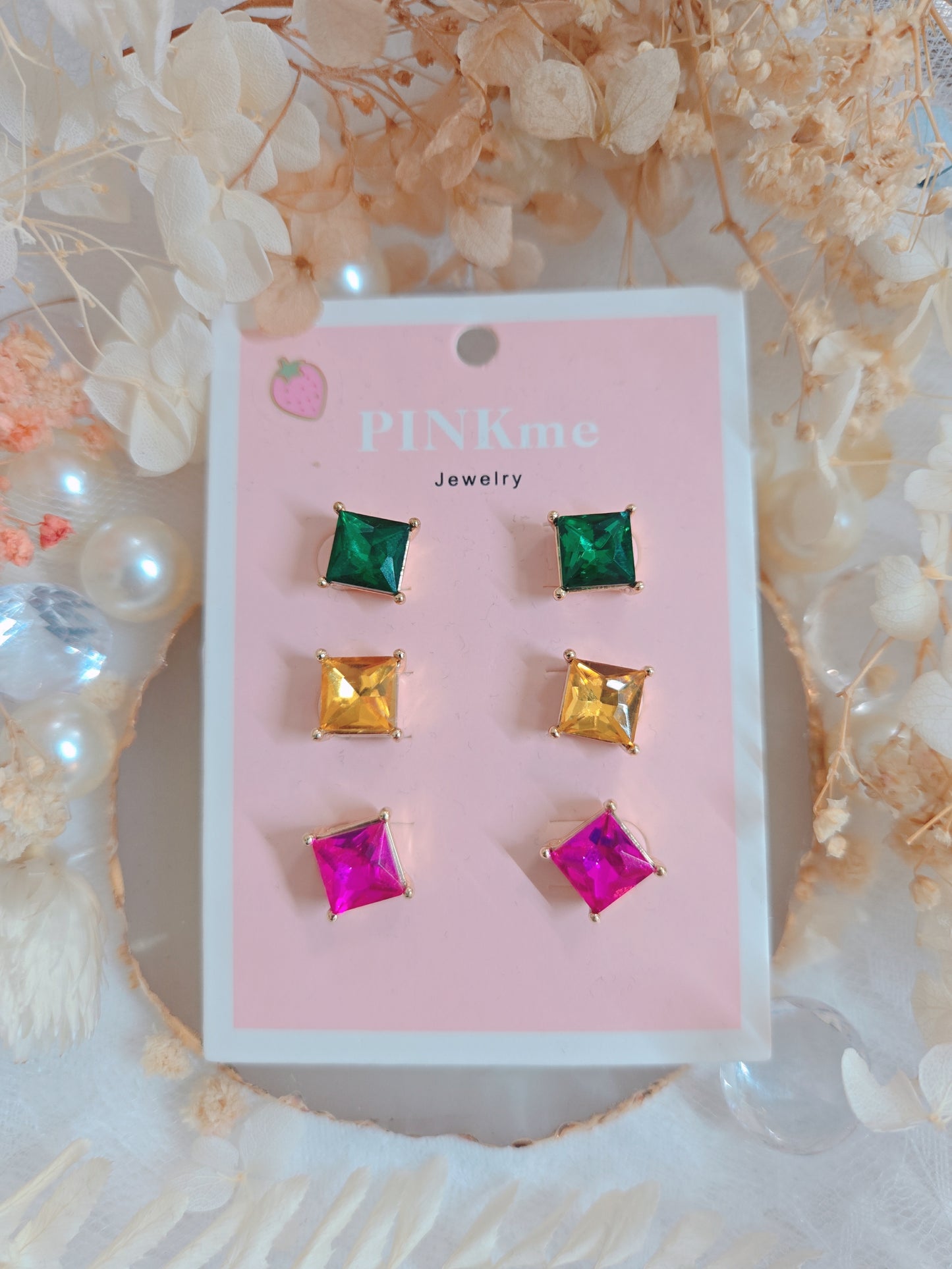 Square 3 set Multi Stone Stud Earring