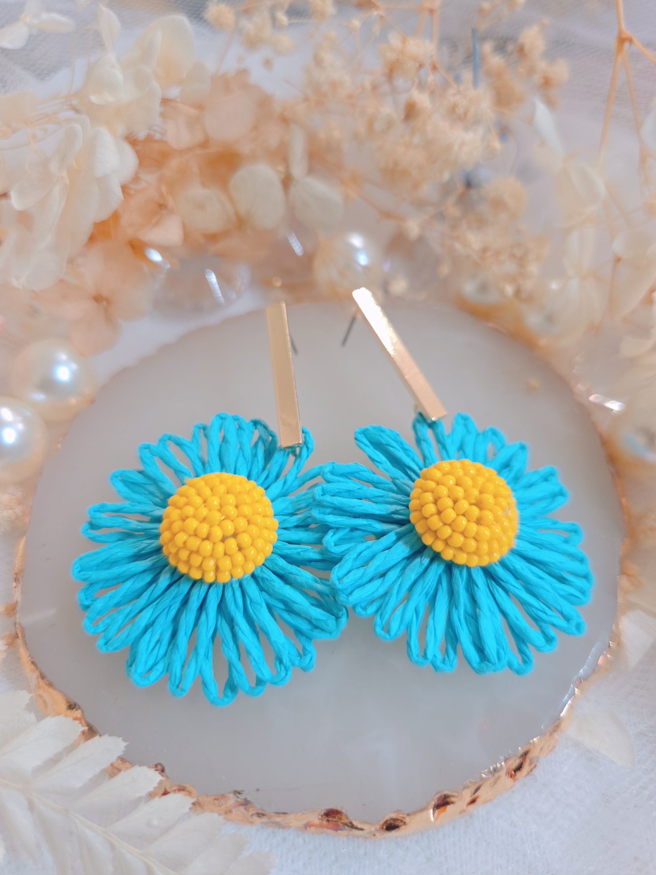 Gold Blue Yellow Flower Drop Earring