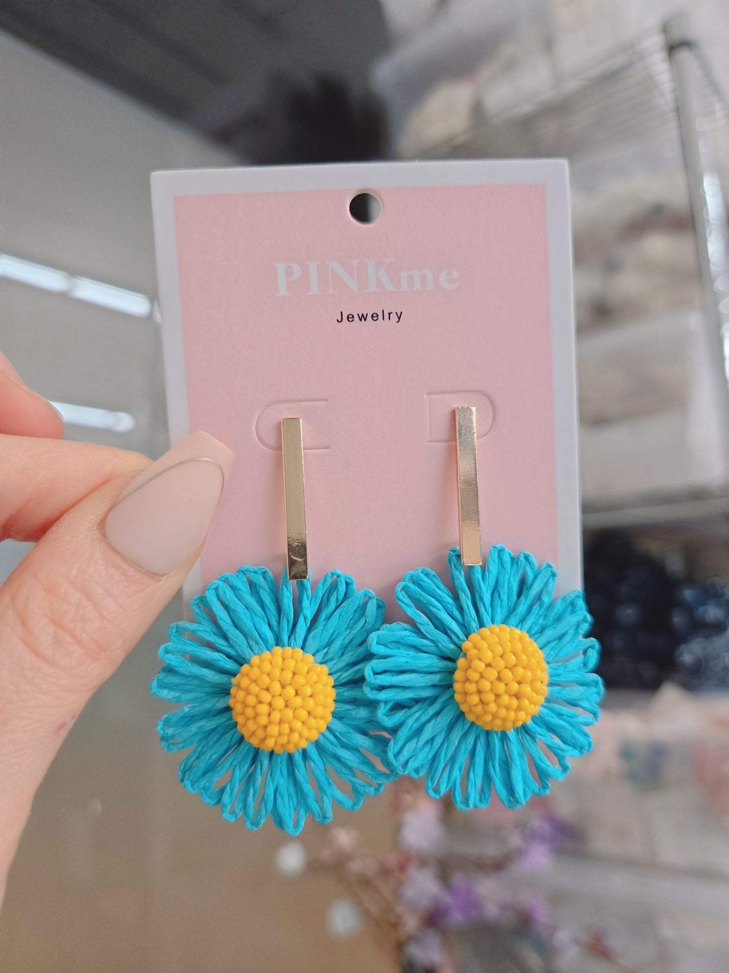 Gold Blue Yellow Flower Drop Earring