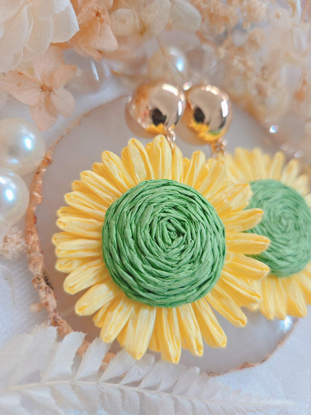 Gold Color Yellow Green Sunflower Drop Earring