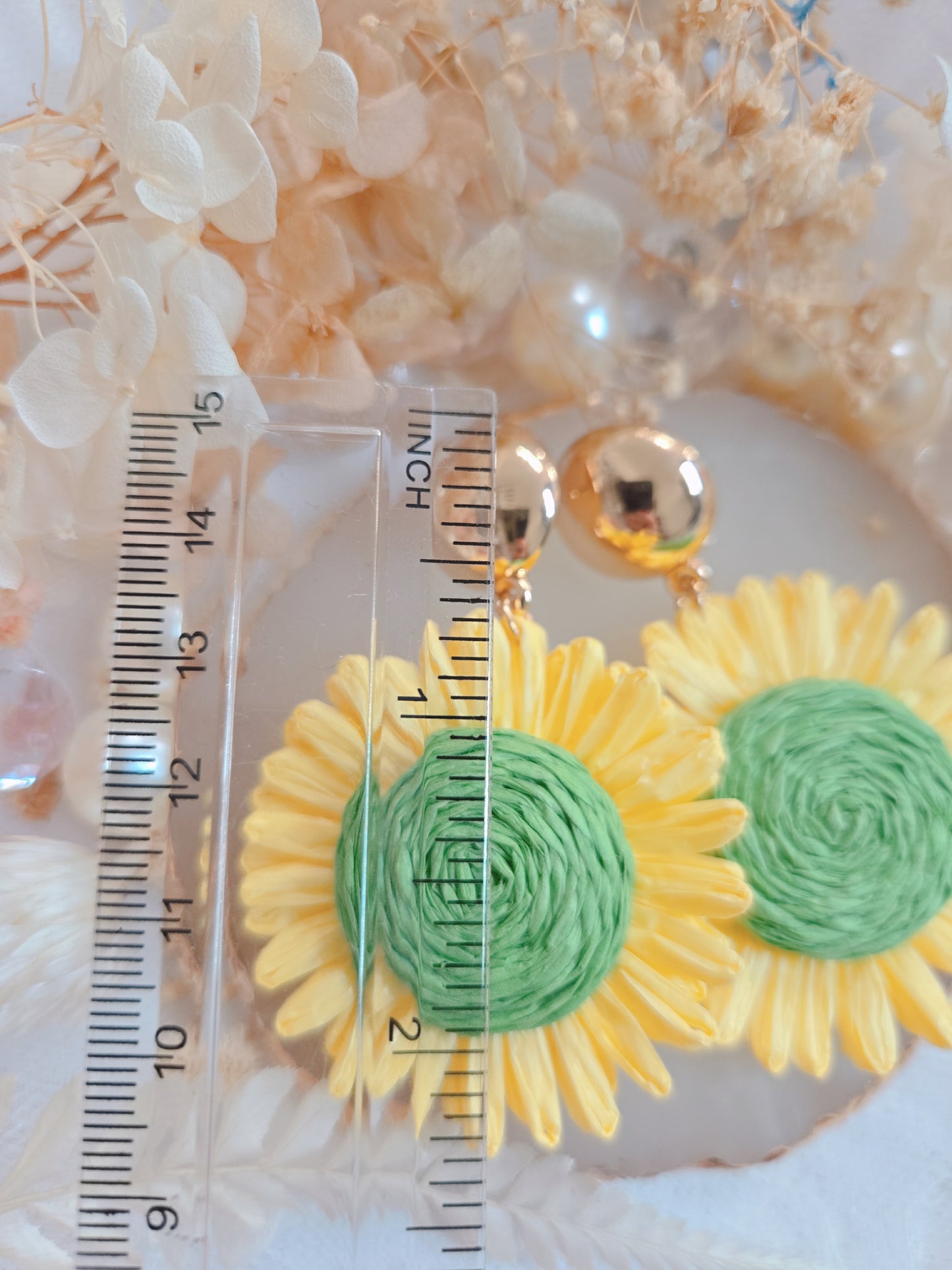 Gold Color Yellow Green Sunflower Drop Earring