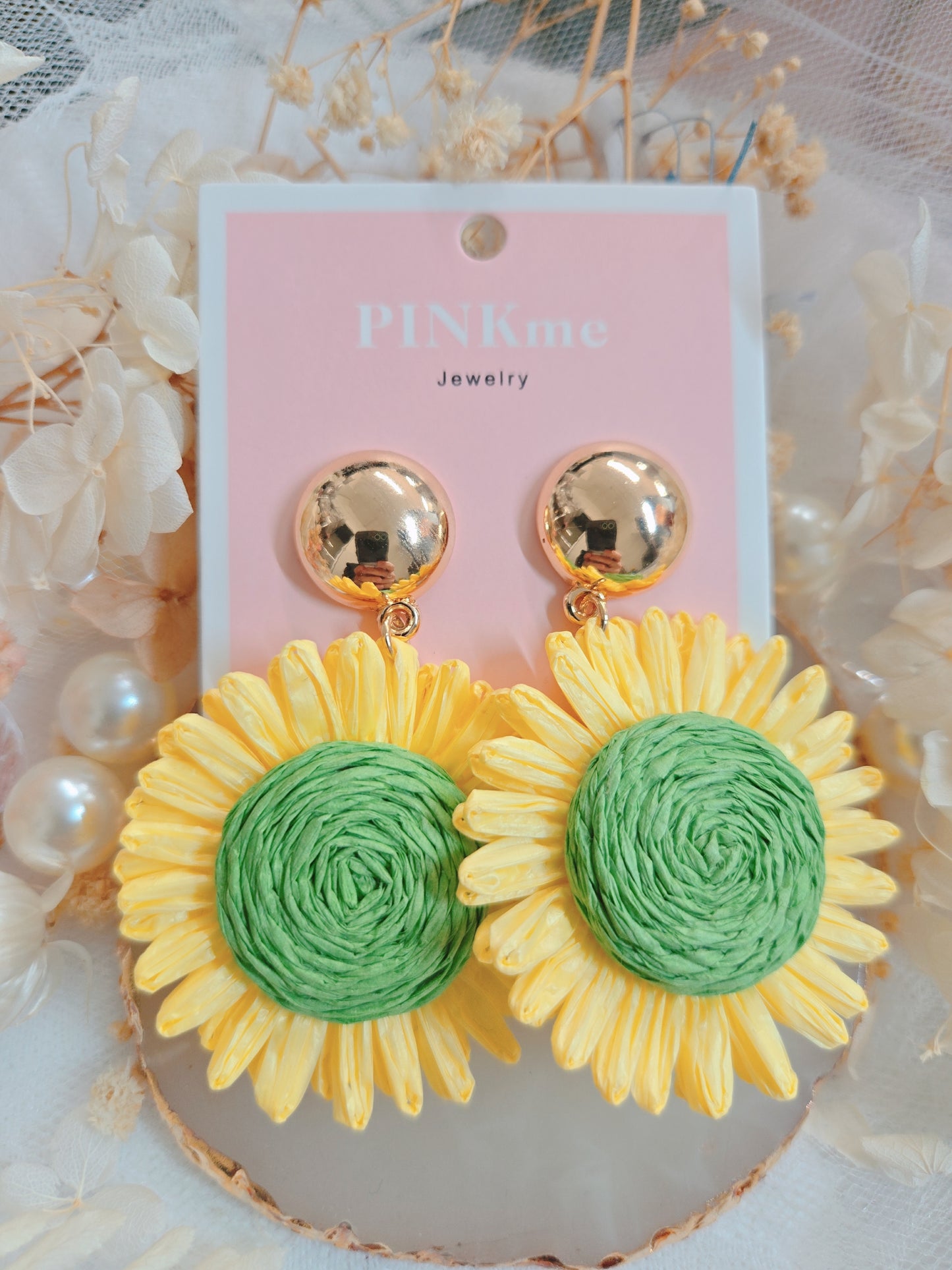 Gold Color Yellow Green Sunflower Drop Earring