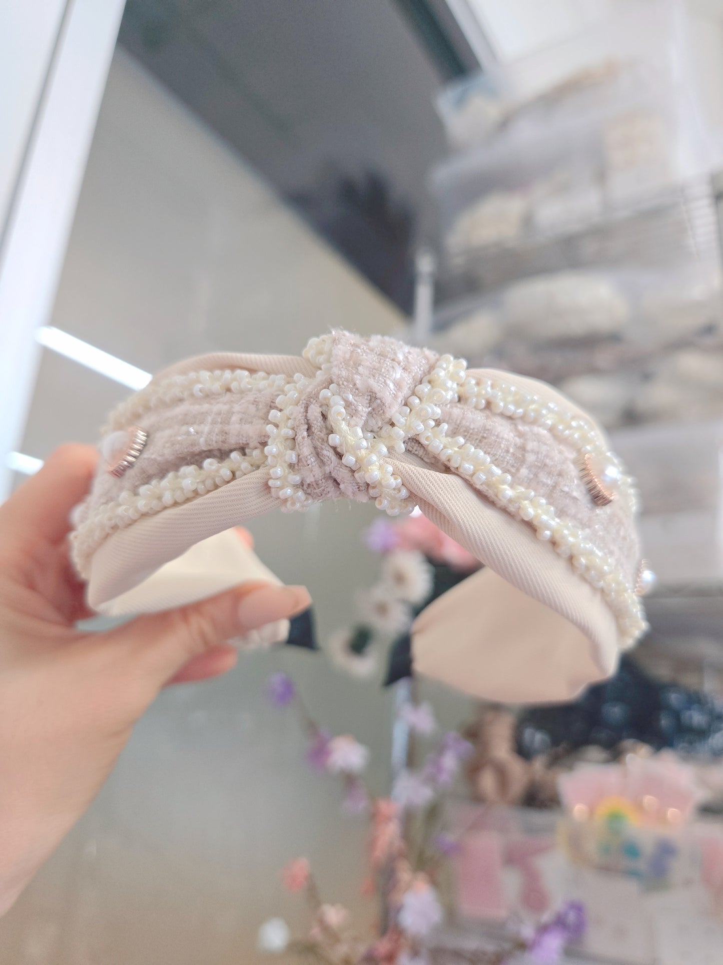 Brown Pearl Tied Thick Hairband