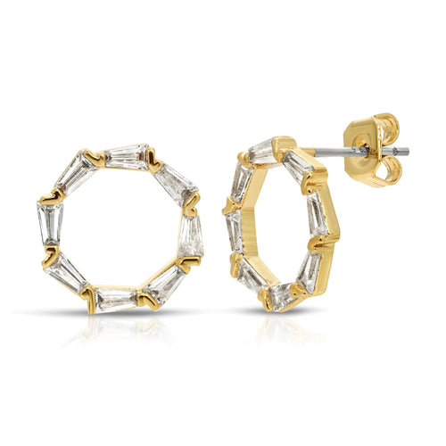 Baguette Crystal Circle Gold Stud Earrings