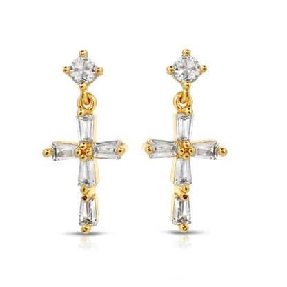 SS071511-Sterling Silver Post Cubic Zirconia Stone Brass Metal Dangle Earrings