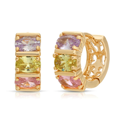 SS071535-Sterling Silver Post Cubic Zirconia Stone Brass Metal Hoop Earrings