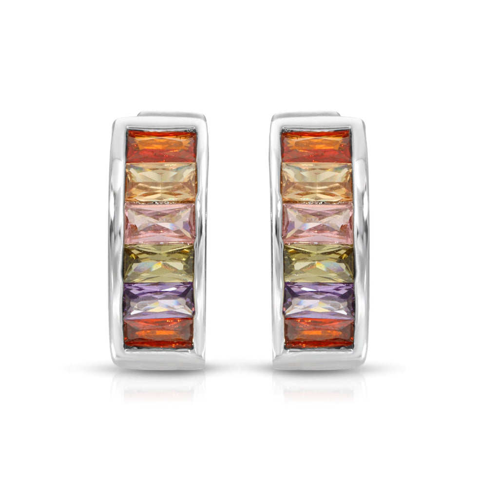 SS071526-Sterling Silver Post Cubic Zirconia Stone Brass Metal Hoop Earrings