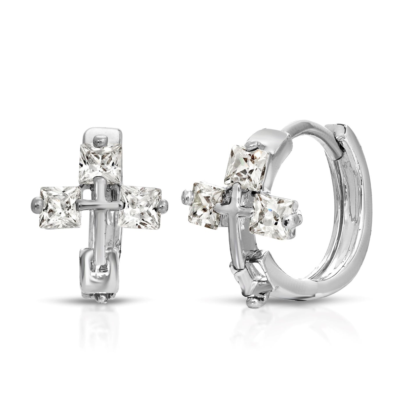 SS071531-Sterling Silver Post Cubic Zirconia Stone Brass Metal Hoop Earrings