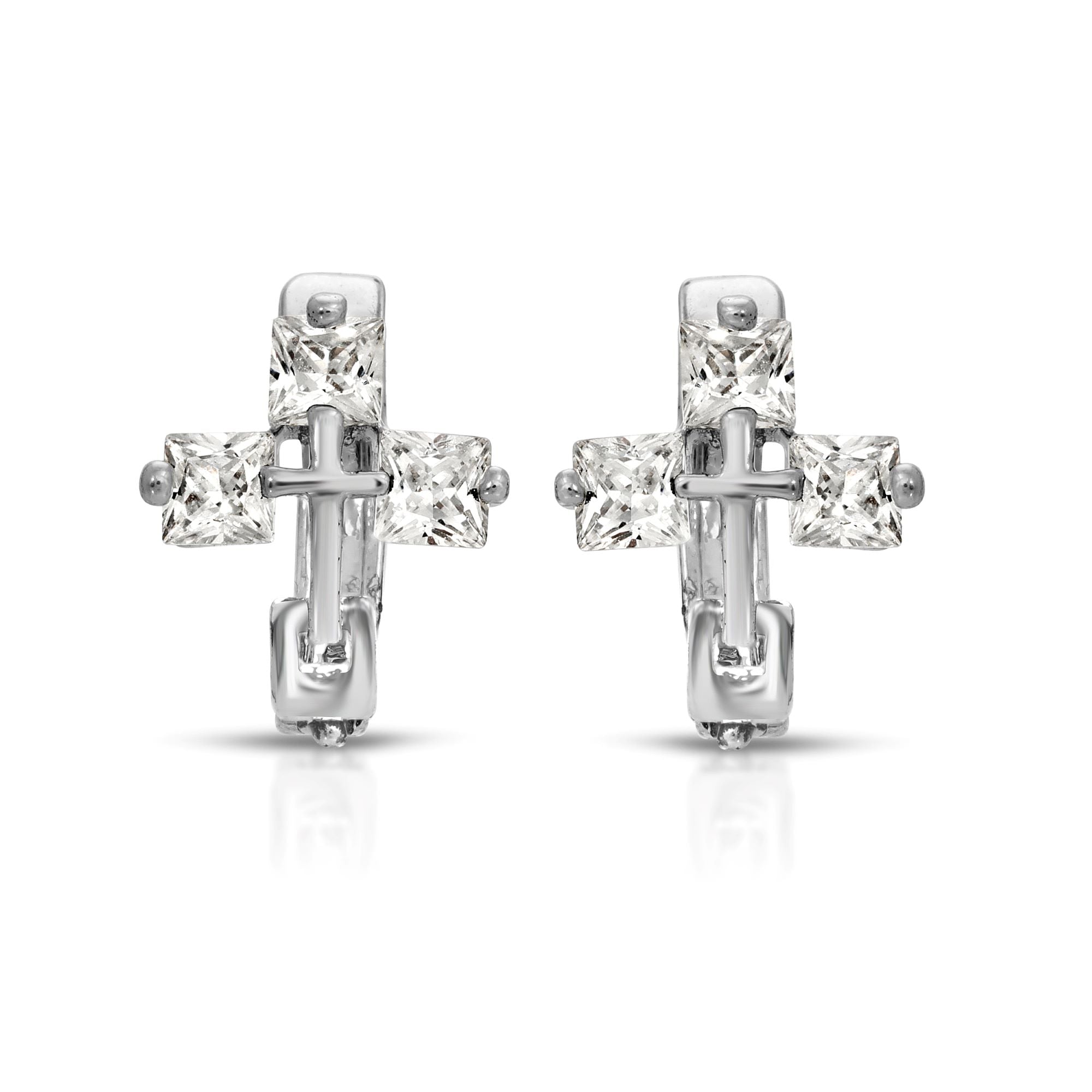 SS071531-Sterling Silver Post Cubic Zirconia Stone Brass Metal Hoop Earrings