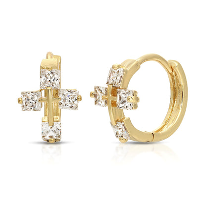 SS071531-Sterling Silver Post Cubic Zirconia Stone Brass Metal Hoop Earrings