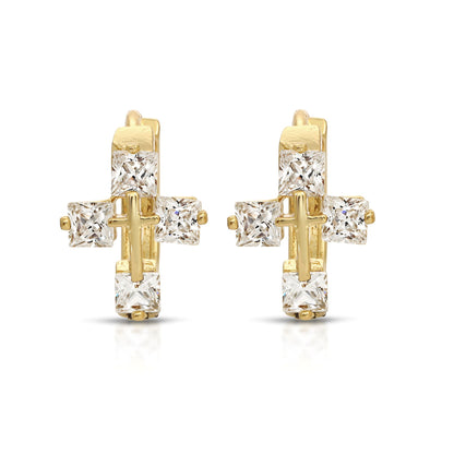 SS071531-Sterling Silver Post Cubic Zirconia Stone Brass Metal Hoop Earrings